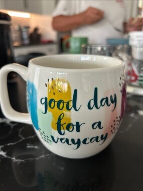 Anthropologie White Ceramic 'Good Day for a Vaycay' Mug with Multicolor  NEW!
